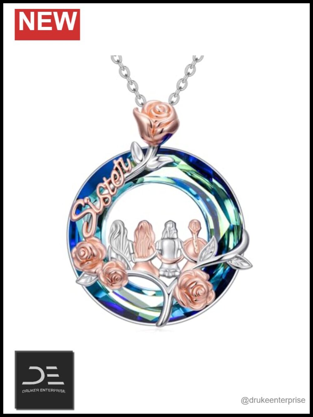 925 Sterling Silver Sisters Necklace Pendant Crystal Friendship Jewelry Gift
